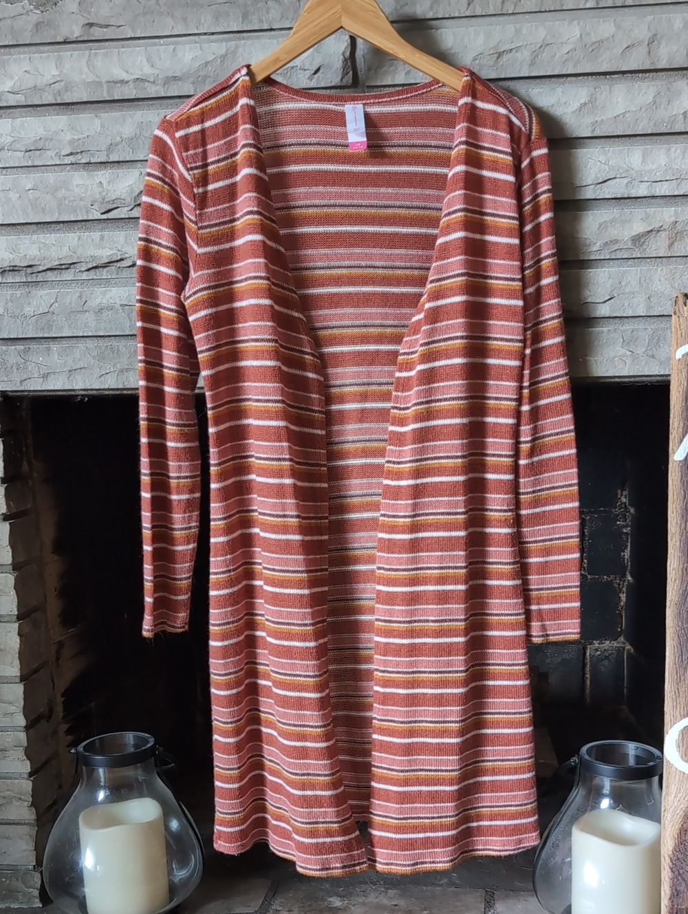 No Boundaries Rust and Cream Striped Long Sleeve Open Cardigan